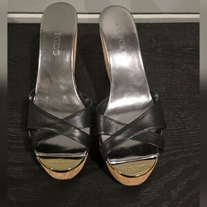 Jimmy Choo New Without Box Black/ Silver Cork Wedge 7.5